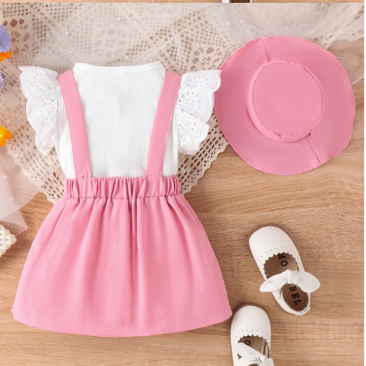 Pink Suspender Skirt Set with Eyelet Top & Matching Hat (1-5 Years)